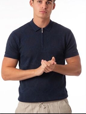Soul Star  Men's Navy Short-Sleeve Zip Polo Shirt large knit